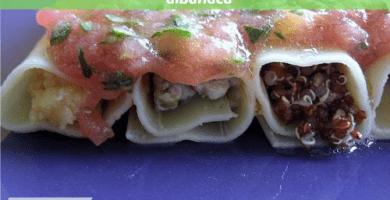 Canelones fríos de cereales y legumbres con salsa de albahaca